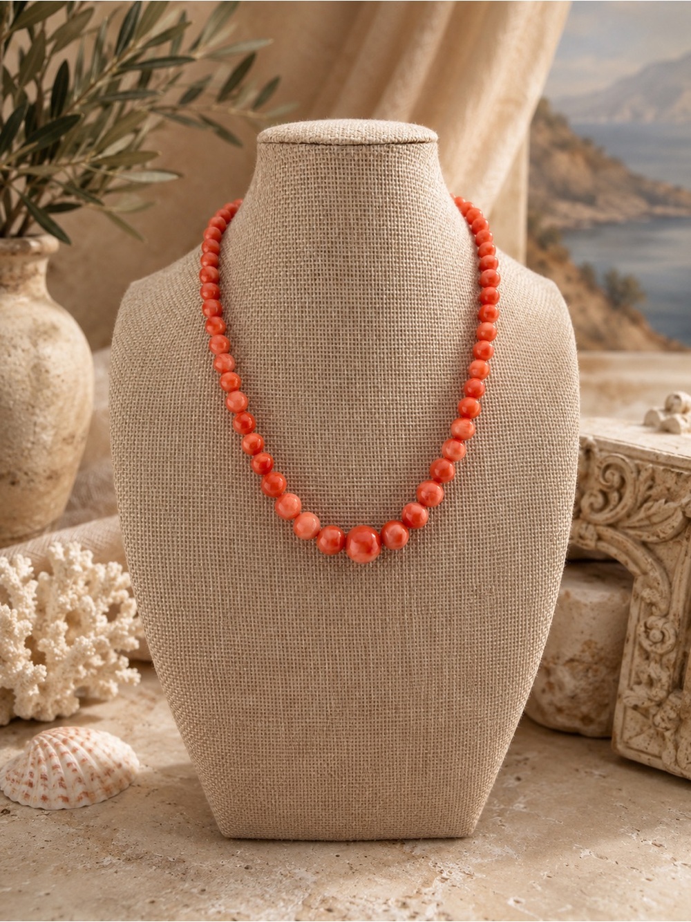 Angelskin Coral Vintage Graduated Bead Necklace on Silk 16’